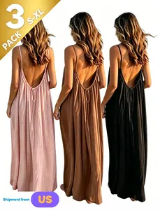 3 Pcs！-2026 Summer New Women Solid Color Cami Nightdress, Comfortable Sleeveless Long Sleepwear, Loose Loungewear for Home & Travel,  Chic Backless Womenswear Essential Casual