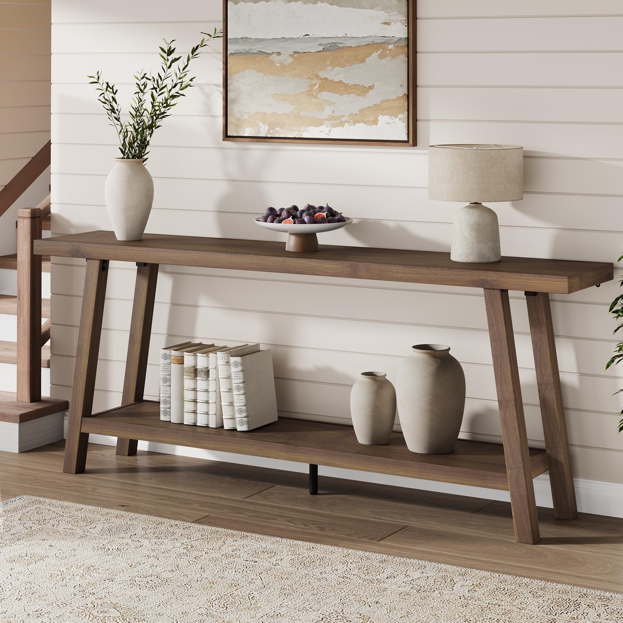 70.87 in Extra Long Farmhouse Console Table Entryway - Heavy-Duty 2-Tier Narrow Rustic Vintage Brown Engineered Wood Sofa Foyer Stand, 350lb Capacity with Natural Grain for Entryway, Living Room, Entryway Console Table