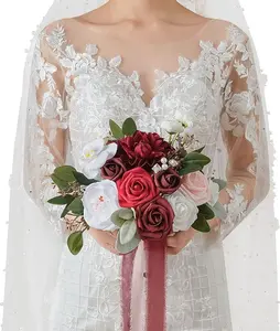 TINGE TIME 11 Inch Artificial Bridal Bouquet, Wedding Bride Bridesmaid Tossing Bouquets Flower for Wedding Anniversary Bridal Shower and Home Party Decoration (Rose Red & White) Decorative Fruit
