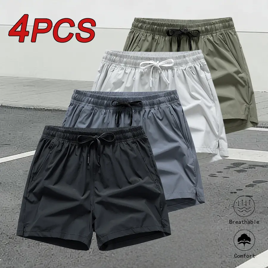 Men’s casual shorts, 4 pieces — fashionable letter-print athletic shorts with zippered pockets and an elastic waistband; summer basketball three-quarter length shorts; comfortable, breathable men’s shorts#SummerVibes