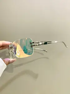 Punk Fashion Frameless Rectangular Glasses, Trendy Metal Frame with Hollow Legs Eyewear for Men and Women