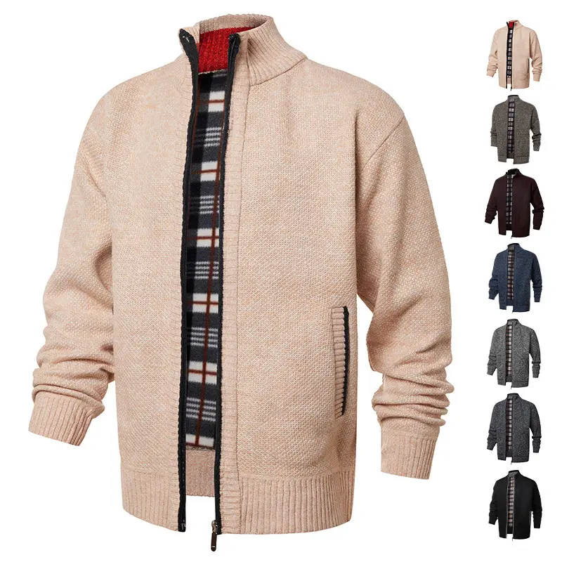 Menswear Knitwear Men’s Fleece-Lined Thick Knit Zip-Up Cardigan Sweater Jacket with Plaid Lining, Ribbed Cuffs & Hem, American Style for Autumn/Winter Commuting, Versatile Long Sleeves, Multiple Colors