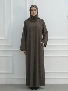 Muslim Women's Loose Striped V Neck Dress Robe, Strong Wrapping, Contains Pockets, No Headscarf, Long Sleeve, Modest Style, Modest Muslim Outfits