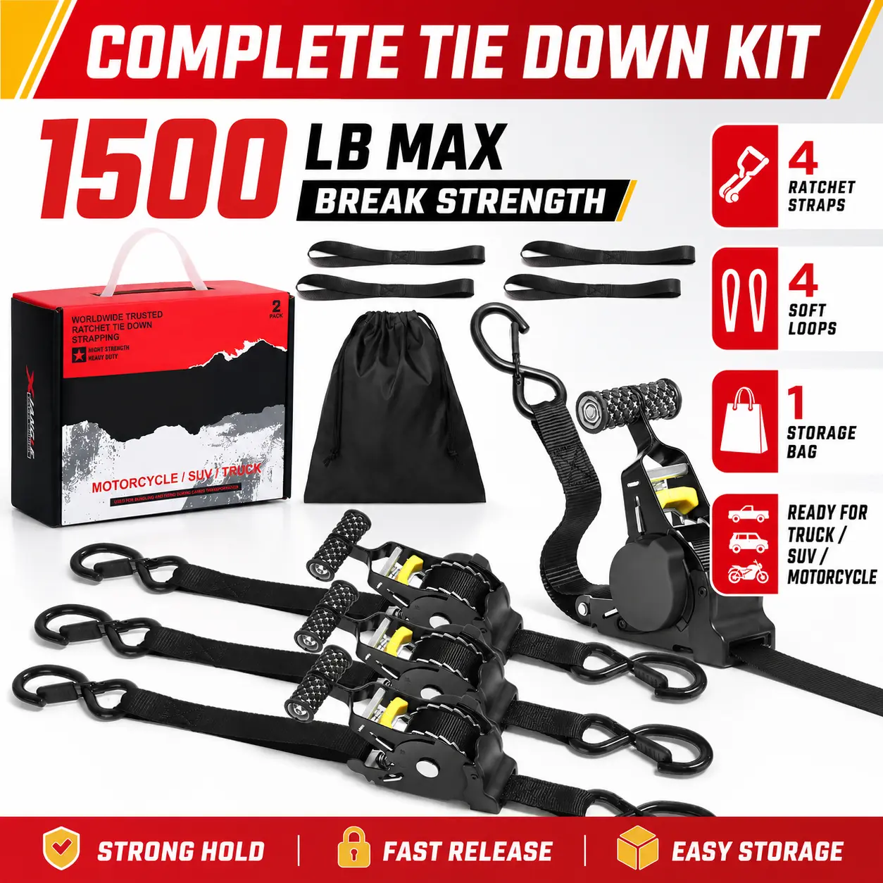 Durable Tie Downs Retractable Ratchet Straps 1/2/4 Pack, 1"x10 FT Heavy Duty Cargo Straps with Soft Loops & Storage Bags, Auto Retractable Kayak Hardware for Truck, Motorcycle, Trailer (Water Sports Use)