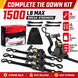 Durable Tie Downs Retractable Ratchet Straps 1/2/4 Pack, 1"x10 FT Heavy Duty Cargo Straps with Soft Loops & Storage Bags, Auto Retractable Kayak Hardware for Truck, Motorcycle, Trailer (Water Sports Use)