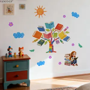 A set (30*60cm*2pcs) cartoon wall stickers for nursery rooms featuring a girl reading books, clouds and the sun, fun decorative stickers for living rooms, hallways, corridors and children's rooms to beautify homes Decorations Supplies