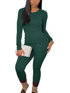 Women’s everyday knit set for going out: cable-knit, high-stretch slim fit with crew neck long sleeves + high-waisted leggings two-piece set