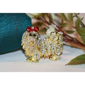 Yorkie Dog PIN BROOCH Enamel Red Bow White Crystals Rhinestones Yorkshire Terrier Dog Pin