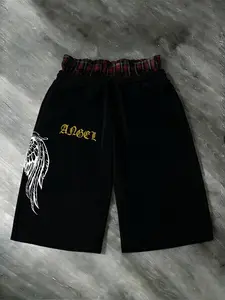 Gothic Angel Wings Bold Print Plaid Waistband Sporty Shorts, Y2K Street Style, Dark College Gothic Fashion, Comfortable Casual Knee-Length Shorts, Versatile Wear