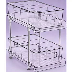 2 Tier Pull Out Organizer with Dividers, Clear Under Sink Storage for Kitchen Pantry and Bathroom, Reusable Cabinet Organizer, Expandable Shelf for Medicine Cabinet and Countertop