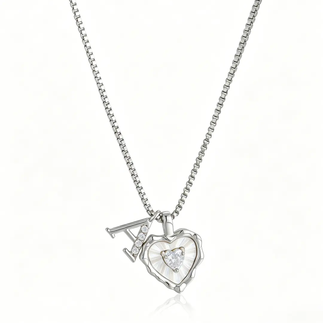 Tewiky Silver Box Chain Scalloped Shell Heart CZ Initial Necklace A–Z Micro Pave Letter Pendant For Valentine's Day gifts summerwins Elegant Necklace Custom Letters Necklace