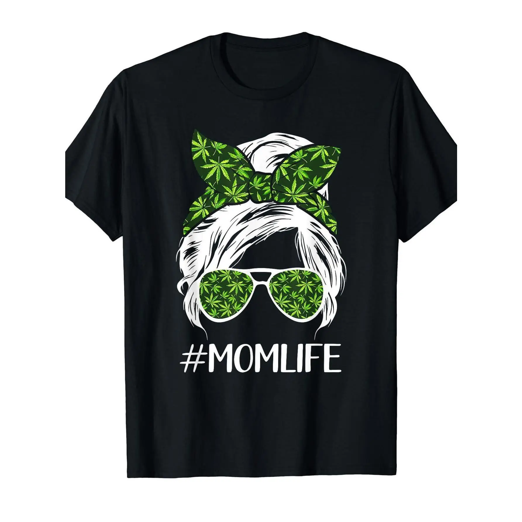 Casual Messy Bun Mom T-shirt with Cannabis Leaf Graphic, Women's 180gsm Cotton Short Sleeve Top for Mother's Day, Shortsleeve, Tshirt, Messy Bun Theme, Streetwear
