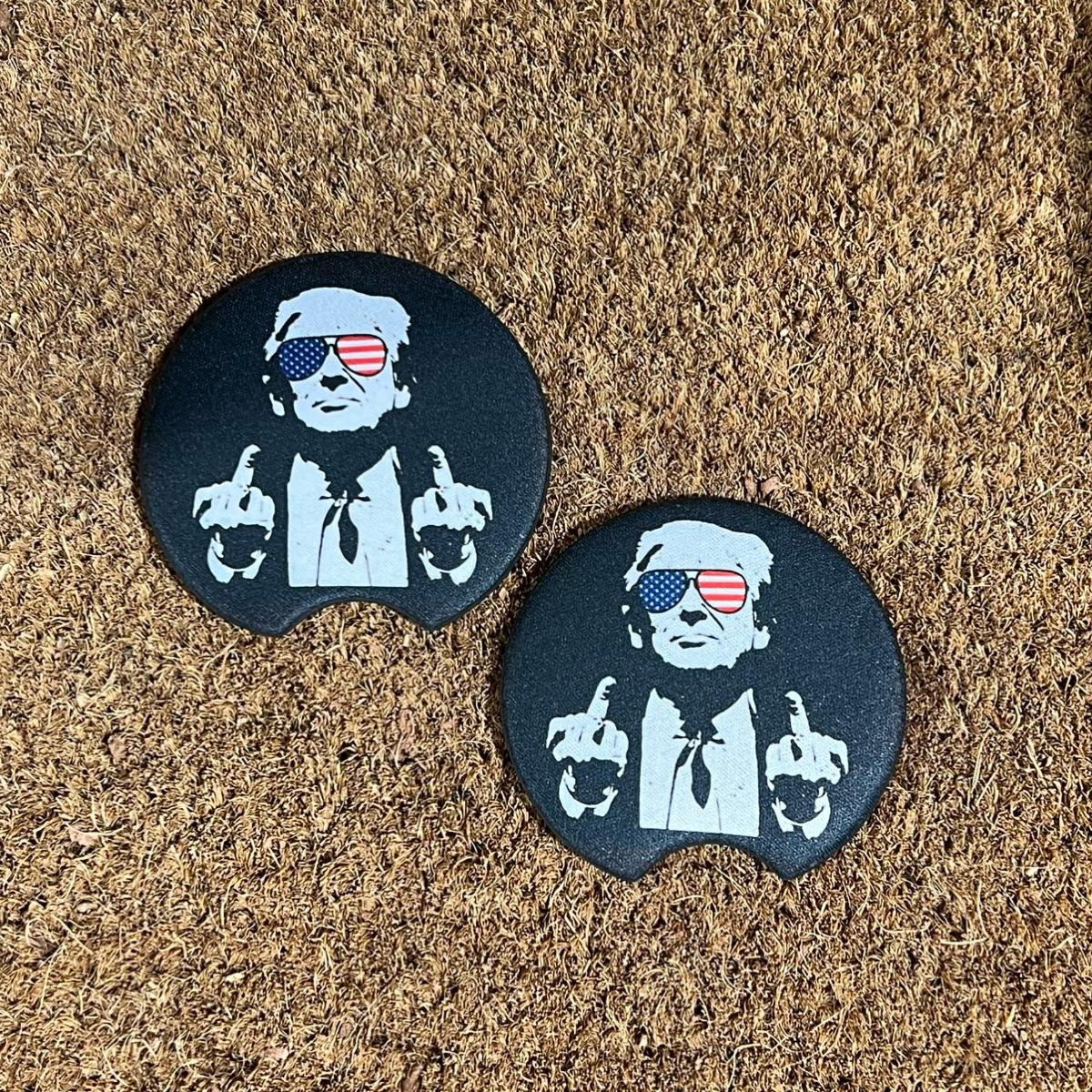 President Donald Trump Finger American Flag Anti-Slip Coasters for Men & Women - Round Car Interior Decoration Accessory MAGA Maha Patriotic Patriot new car gift round car cup holder coaster