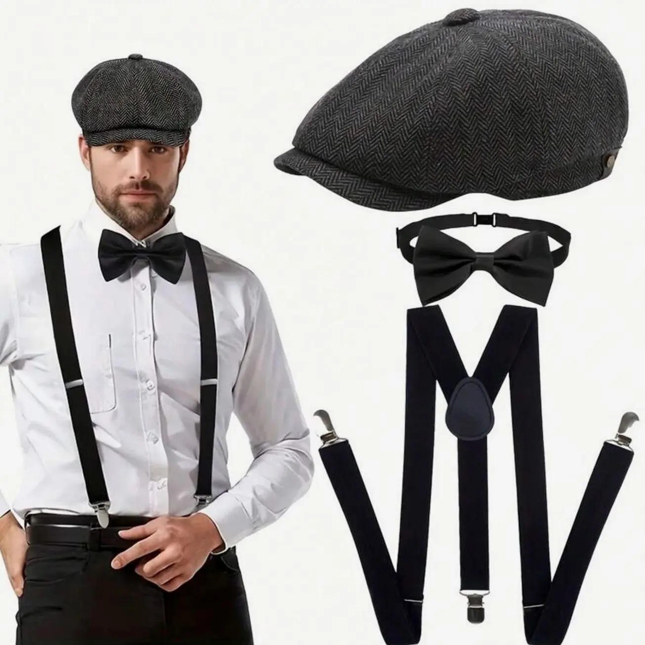 3pcs Roaring Twenties Complete Costume Suit | News Boy Hat, Bow Tie, Adjustable Suspenders - Elegant 1920S Gatsby Clothing For Men And Women Perfect For Bar Parties, Weddings, Vintage Events, Themed Party Wear, Wedding Guest Attire