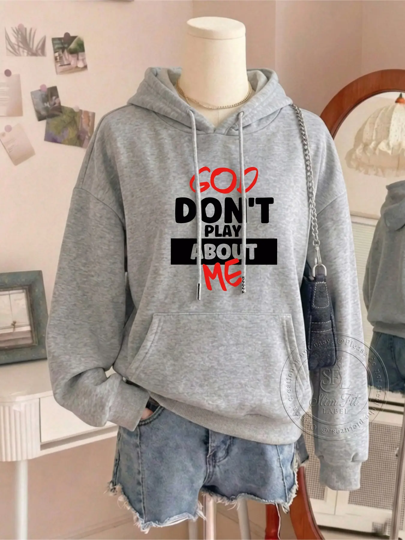 Women's Fashion Graphic Casual Hoodie God Don't Play About Me Letter Print Kangaroo Pocket Casual Fitted Long Sleeve Sweatshirt for Fall & Winter Everyday Womenswear