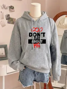 Women's Fashion Hoodie God Don't Play About Me Letter Print Kangaroo Pocket Casual Fitted Long Sleeve Sweatshirt for Fall & Winter Everyday Womenswear