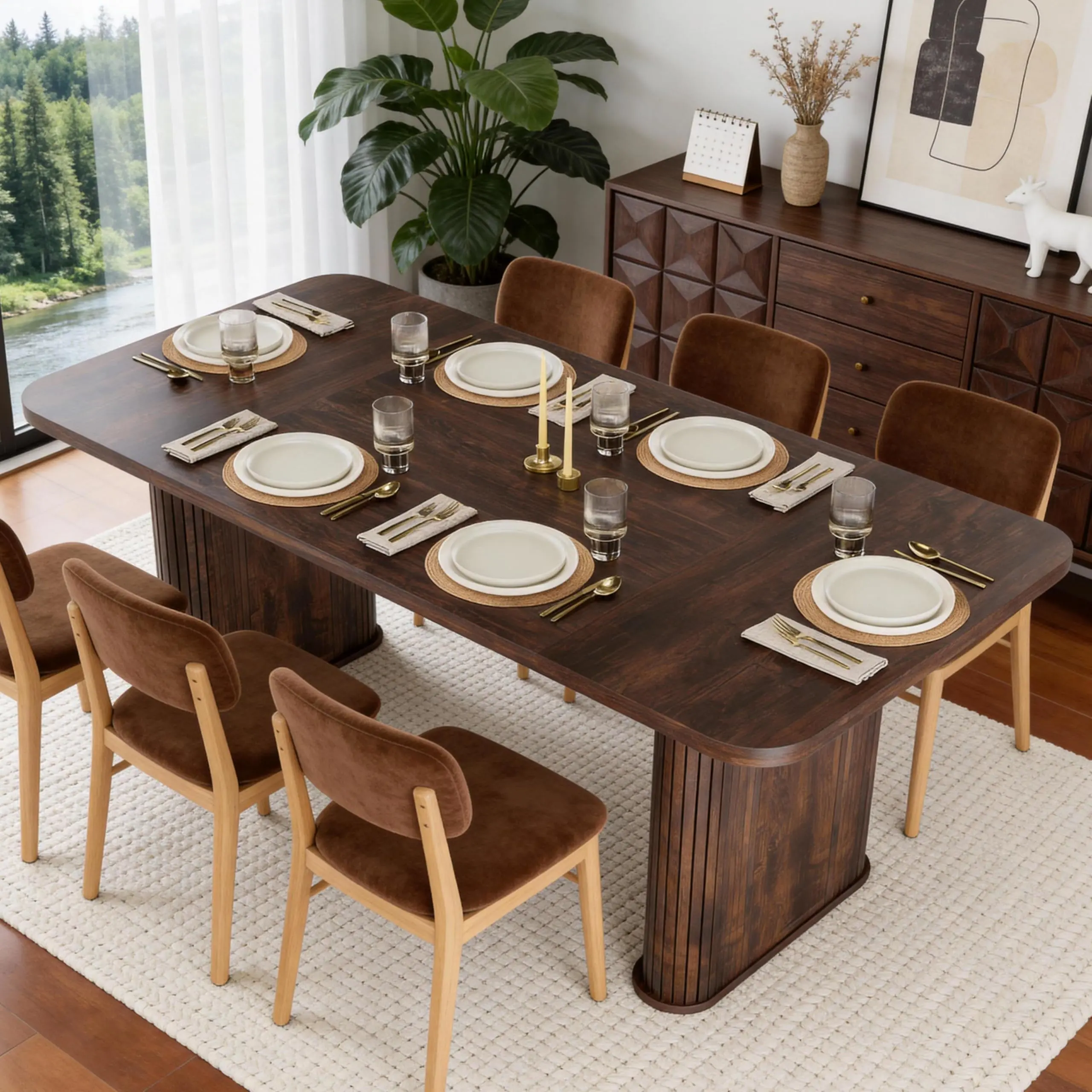 62" Dining Table for 6-8,Black Oak Rectangle Wooden Kitchen Table with Double Robust Pedestal, Sturdy Dinner Table for Dining Room, Kitchen & Living Area