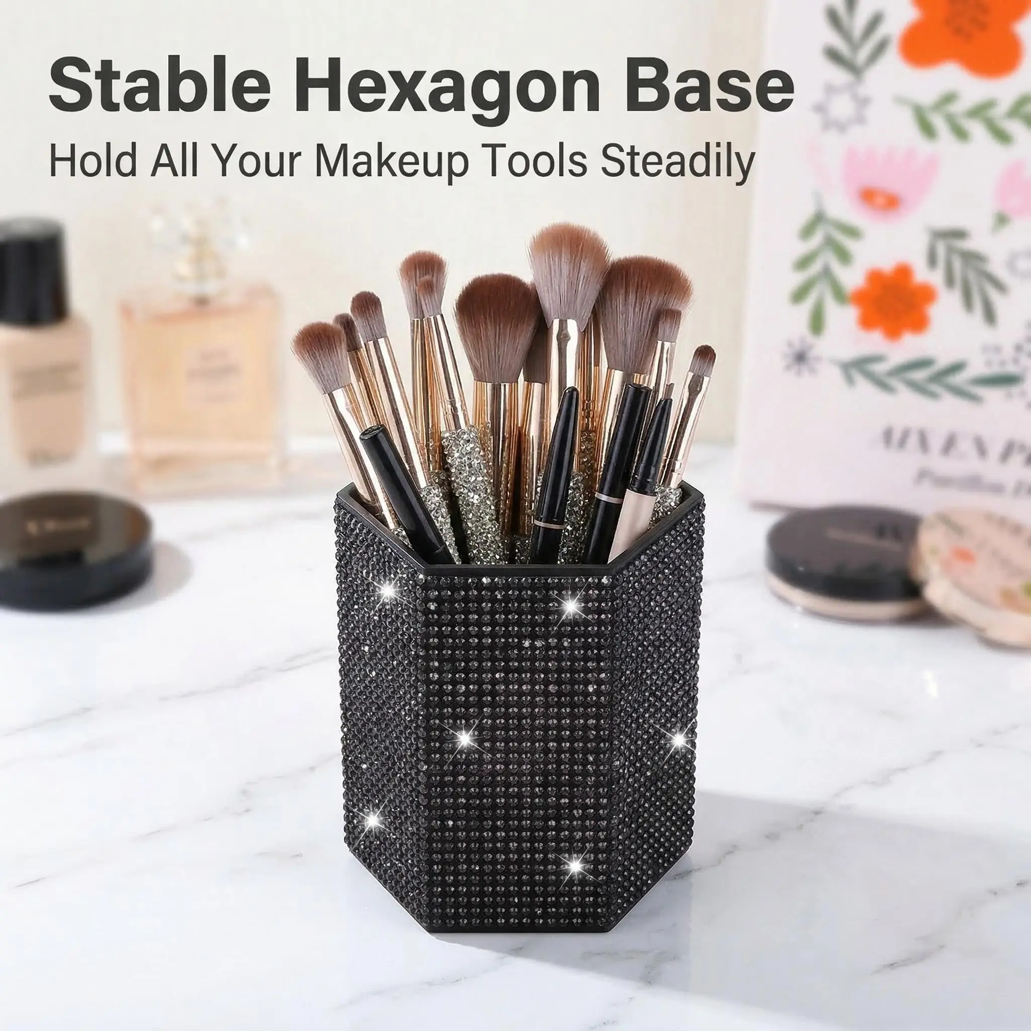 1pc Makeup Brush Storage Box with Rhinestones, Shiny Diamond Nail Tool Organizer, Beauty Organizer, Office Stationery Pen Holder, Dressing Table Cosmetic Container, Cosmetics Organizer Storage
