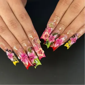 S71 Nailed by Vibe - Tropical Jungle Floral Press-On Nails, 3D Pink Hibiscus, Animal Print Accents, Ladybug Charms, Handpainted Summer Nail Art, Gifts for Her
