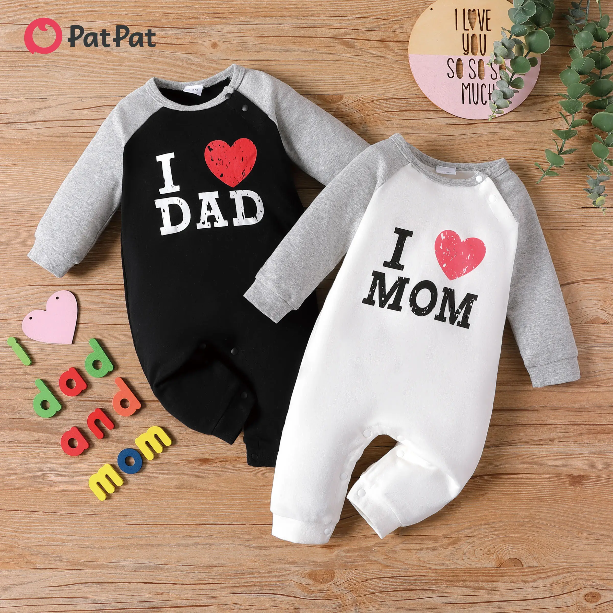PatPat Baby Boy/Girl 100% Cotton Letter and Heart Print Long-sleeve Jumpsuit