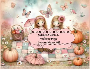 Stitched Hearts & Autumn Days Journal Paper Kit - 35-Page Vintage Background Paper Set for Journaling & Crafting with Dolls on Patchwork Quilts