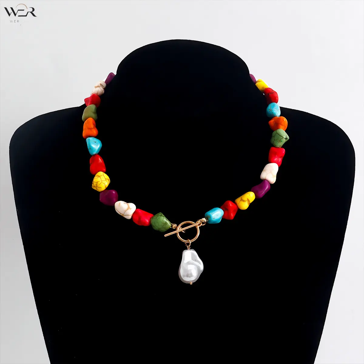 Colorful Stone Necklace Baroque Pearl Necklace Chunky Bead Necklace Rainbow Stone Necklace Multi Color Beaded Necklace Statement Necklace for Women Gift