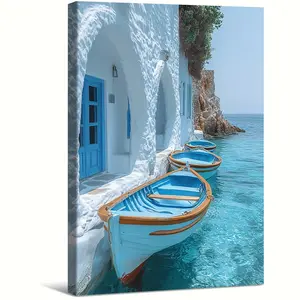 2D flat painting, 2D flat painting, 1 framed canvas art painting, depicting a Greek fishing boat.This blue and white wall decoration painting, from Paros, Greece, comes with a wooden frame and is ready to hang