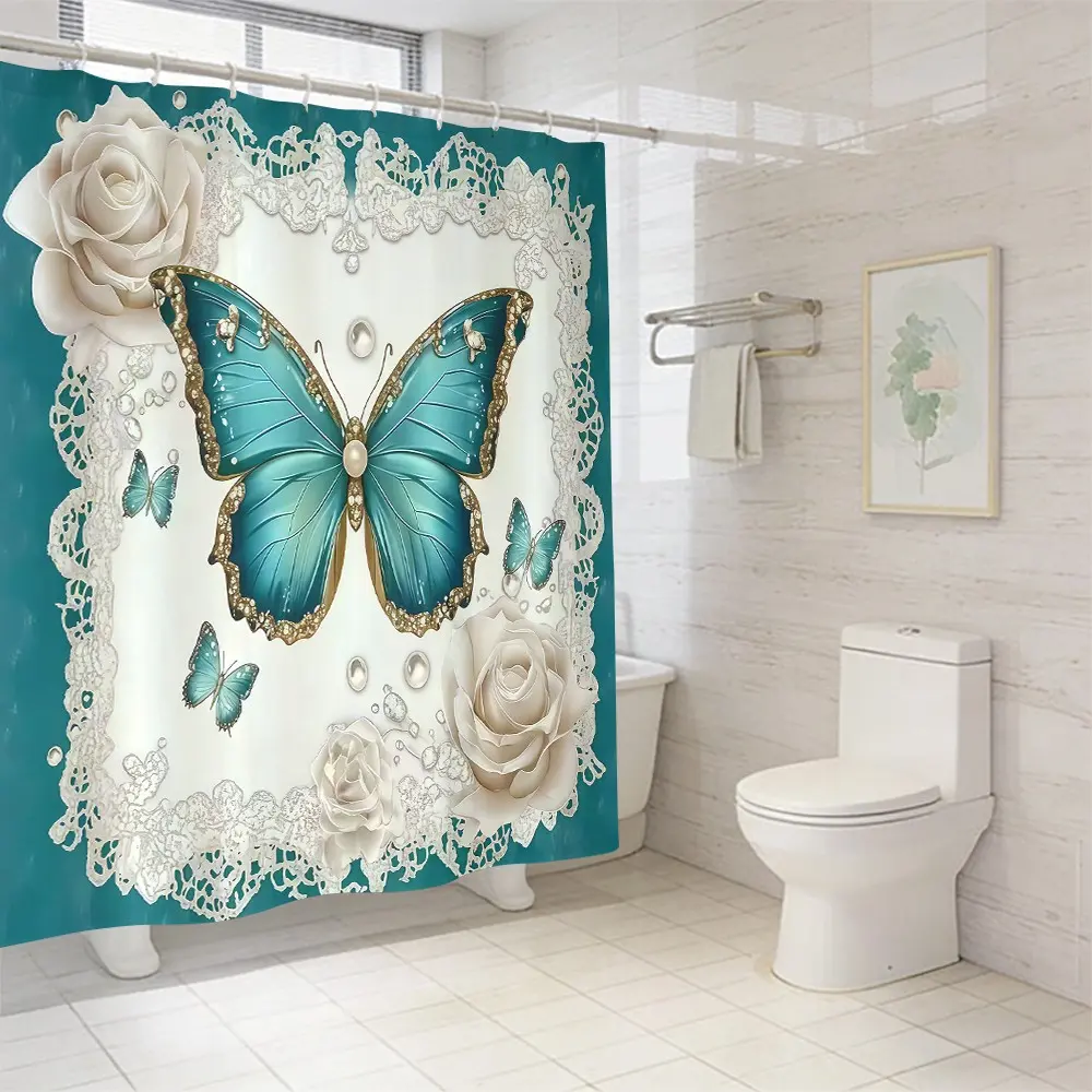 1pc/4pcs Floral Butterfly Bathroom Set, Bathroom Accessory, Aesthetic Bathroom Decor, Festive Design, Non-Slip Floor Mat, U-Shaped Rug, Toilet Seat Cover, Shower Curtain Hooks, Decorative Shower Curtain, Shower Curtain Sets, Bathroom Decor