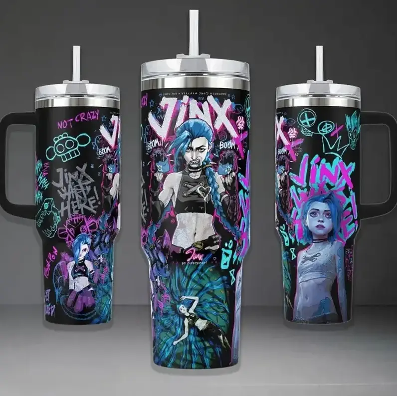 [Arcane Collection] Jinx Powder 40oz/20oz Tumbler with Handle & Straw, League of Legends Stainless Steel Double Wall Vacuum Insulated Travel Mug, Get Jinxed Punk Rock Coffee Cup, Gamer Gift