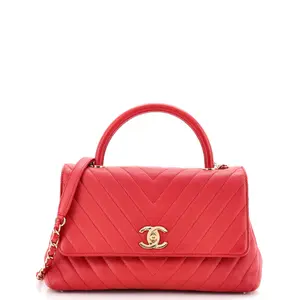 Pre-owned CHANEL Leather Top Handle Bags Coco Top Handle Bag Chevron Caviar Small by Rebag