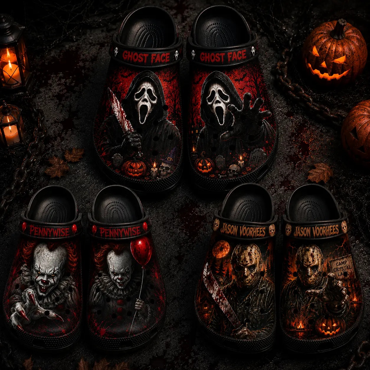 Halloween Collection 3D Clogs, Spooky Graphic Slip On Shoes, Unisex Halloween Footwear