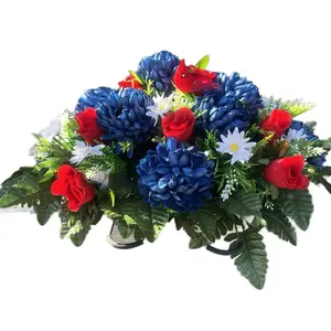 Red White and Blue Grave Saddle with Cardinal - Floral Arrangement Featuring Red Roses and Blue Flowers