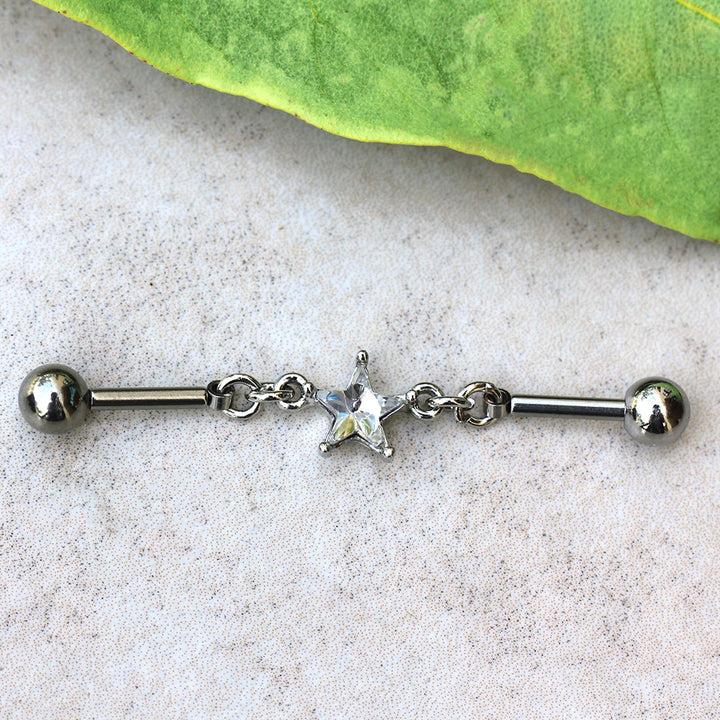 Stainless Steel 316L Prong Set Star Chain Industrial Barbell 14 Gauge 38mm Length with Cubic Zirconia Charm