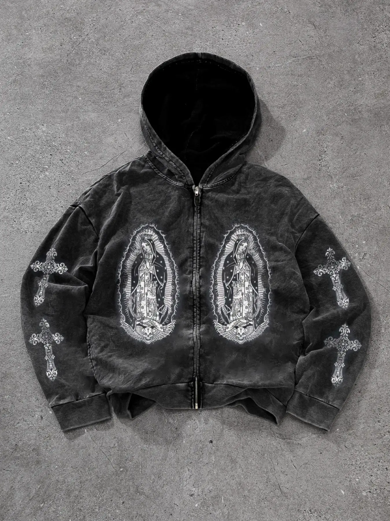 Men's Regular Fit Cross Print Zip Up Hoodie, Casual Long Sleeve Hooded Jacket for Daily Wear, Fashion Men's Clothes for All Seasons, Cotton, Graphic M