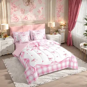 Feelyou 7-Piece Cute Bow Bed-in-a-Bag Bedding Set, Ultra-Soft Ribbon Knot Comforter with Sheets, Pink Bowknot Design All-Inclusive Linens for Kids, Seven Pieces