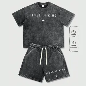 Lightweight vintage casual athletic set for men featuring prints including “Jesus is King” lettering and a cross pattern, Y2K street style, washed distressed look, premium feel, relaxed fit, versatile design.