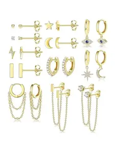 12 Pairs Golden Silvery Stainless Steel Ear Hoops Studs for Women Men, Small Huggie Hoop Cartilage Earrings Cute Moon Star Dangle Hoop Earrings Ball Bar Stud Earrings Set, Shining Cubic Zirconia Drop Earrings, Hoop Earring Sets