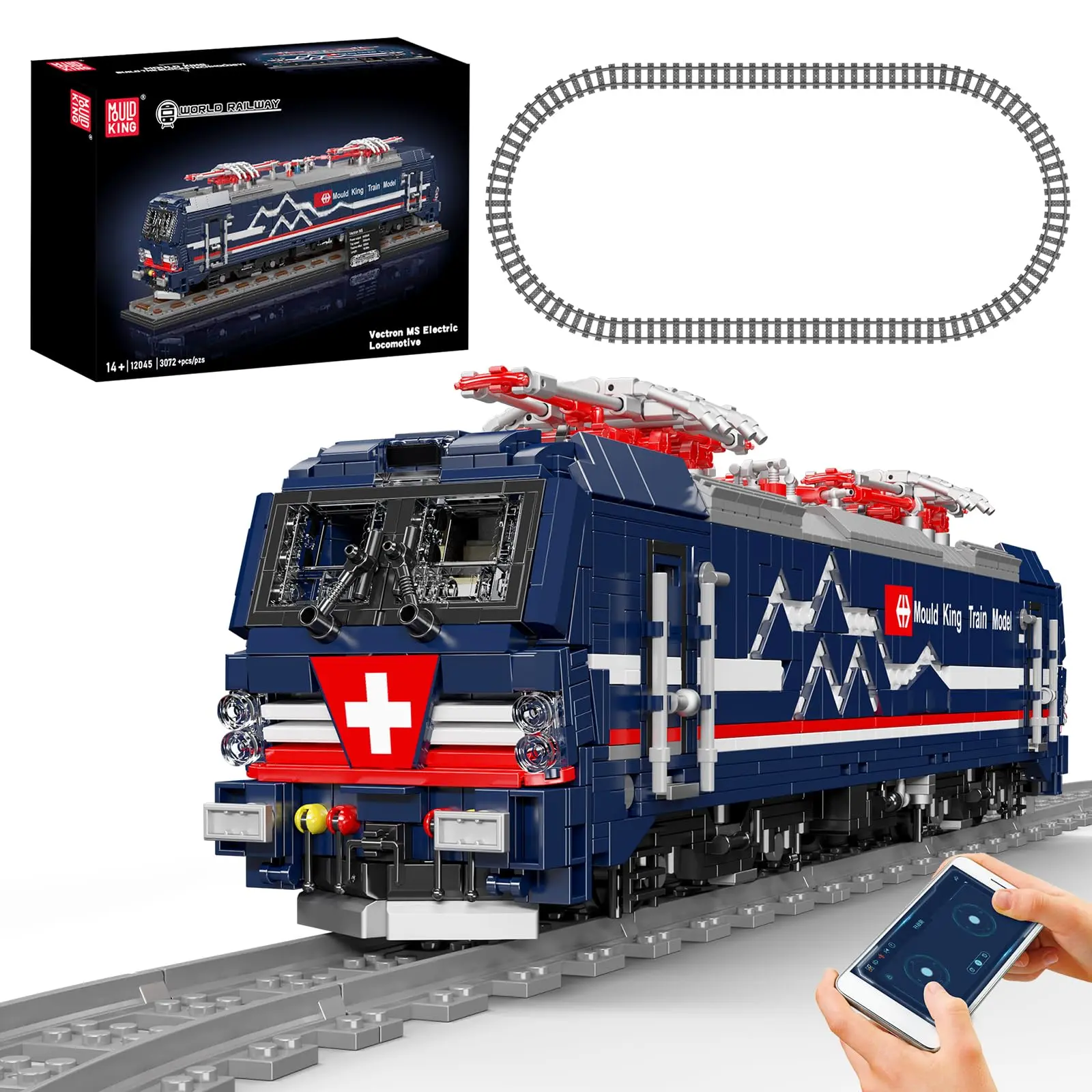 Mould King 12045 Vectron MS Electric Locomotive Building Kit, 3072+ BPA-Free Bricks & Parts, Track-Included, APP/Remote Control City Train Toy, Collectibles for 12 Years Above Adults