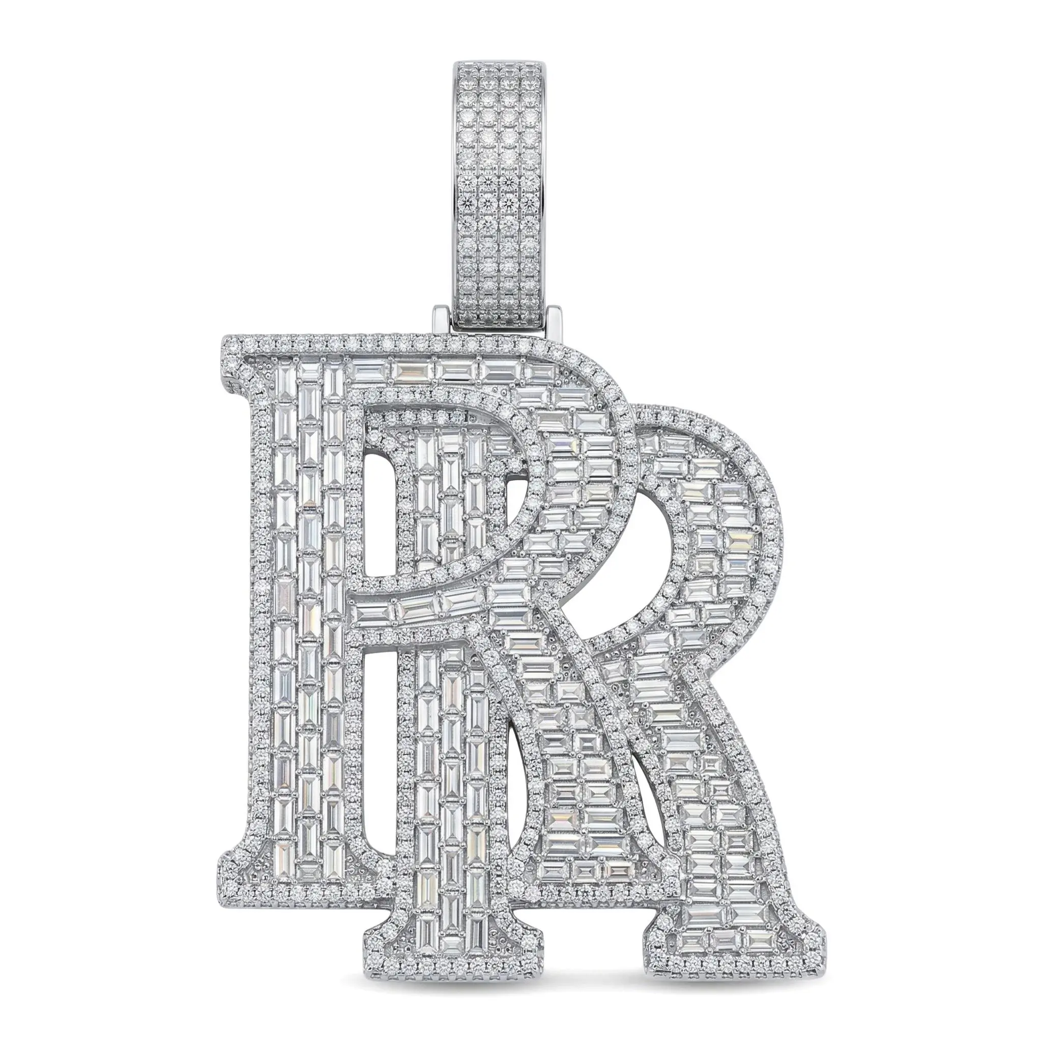 18.SPACEICE Iced-Out Double R Letter Pendant Necklace | Solid metal Base with Cubic Zirconia | Baguette & Round Cut Hip Hop Bling Jewelry for Party,Dance,Club