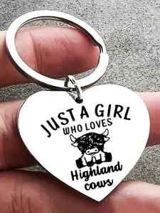 1/20pcs Heart-Shaped Stainless Steel Charming Highland Cow Keychain - Letter Detail, Perfect Gift for Farmers & Animal Lovers