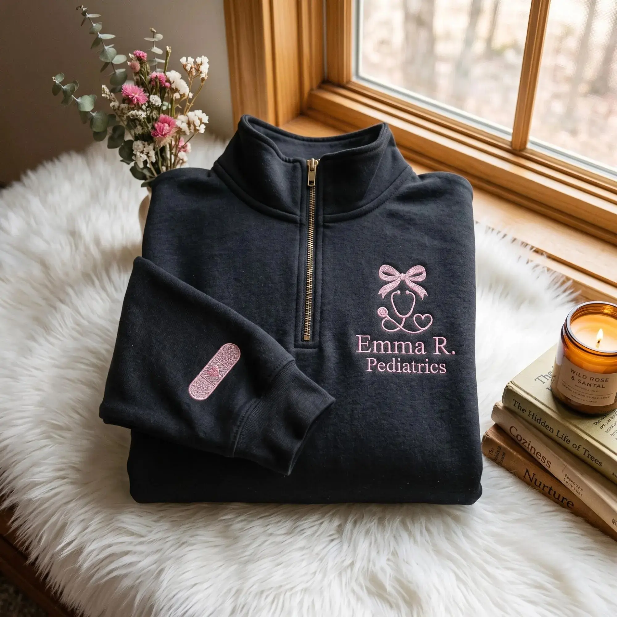 [MADE IN US] Custom Embroidered Nurse Quarter Zip Sweatshirt, Pediatrics RN BSN Apparel
