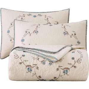 3-Piece Elegant Floral Embroidered Bedspread Coverlet Set Oversize Queen 100% Cotton Reversible Patchwork 1 Quilt and 2 Pillow Shams (Flower B,Oversize Queen)