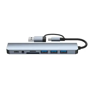 USB Hub 3.0 USB C Hub with SD Card Reader Audio Jack 8 in 1 USB Extender Splitter Multiport Dongle Adapter for MacBook Pro Air and More PC/Laptop/Tablet Devices