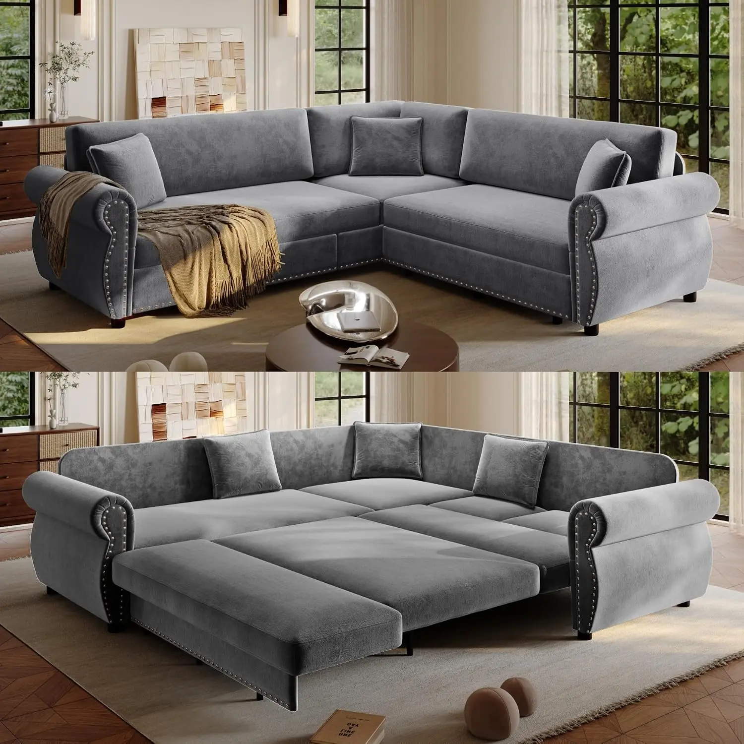 88.2" L‑Shaped Sleeper Sofa, 5‑Seat Chenille Sectional Couch, Queen Size Pull‑Out Bed with Nailhead Trim, Space‑Saving Convertible Sofa for Apartment Living Room Office，Light Grey