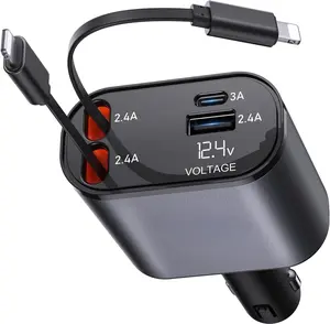 Starlight Retractable Car Charger, 4 in 1 Fast Charging Car Charger with USB-C & USB-A, Compatible with iPhone 17/16/15/14/13/12/11,Galaxy,Pixel, Car Accessories for Men Women Drivers