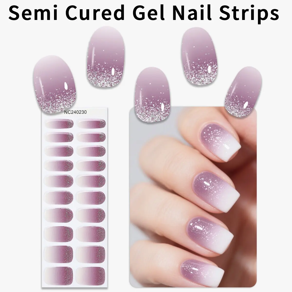 20 tips Semi Cured Gel Nail Strips, Purple Gradient Glitter Self-Adhesive Gel Nail Full Wraps, Gel Nail Stickers, Easy to Manicure, Chip Resistant, Suitable for Women's Home DIY Nail Supplies
