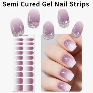 20 tips Semi Cured Gel Nail Strips, Purple Gradient Glitter Self-Adhesive Gel Nail Full Wraps, Gel Nail Stickers, Easy to Manicure, Chip Resistant, Suitable for Women's Home DIY Nail Supplies