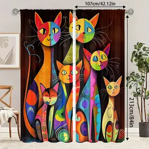 High-Quality Polyester Fiber Curtains, Digital Cat Pattern Design, Ideal for Bedroom & Living Room Decor, Durable & Easy Care Features