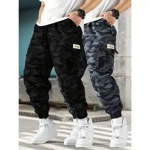 2pcs set of men's camouflage work pants, thin breathable fabric construction, adjustable drawstring waist and flap pockets, designed for daily casual wear and outdoor hiking activities, US Direct Shipping