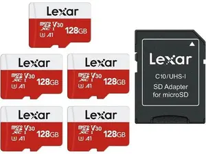 Lexar E-Series 128GB microSDXC Memory Card (5-Pack) UHS-I Flash Storage Cards with SD Adapter, High-Speed Data Transfer, Compatible with Smartphones, Tablets, Cameras & Drones